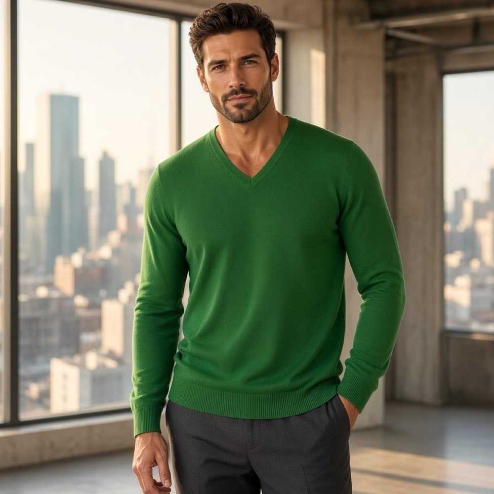 Lands' End V-Neck Sweater Mens XXL 50-52 Green Supima Cotton Long Sleeve Classic